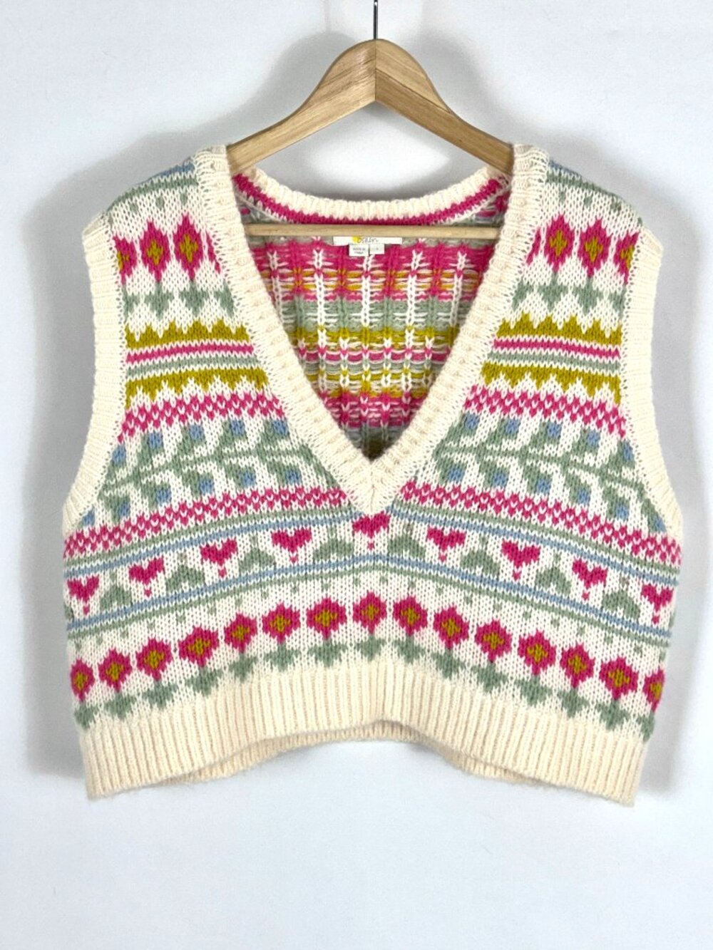 Boden Fair Isle Cropped Sweater Vest Alpaca Wool Blend Pink Floral Tank Holiday